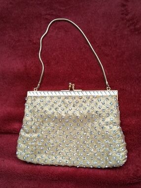 Vintage Walborg I. Magnin Gold Rhinestone Beaded Evening Clutch with Chain